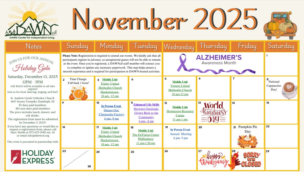dawncil's tweet image. November is full of opportunities to connect and celebrate!
Join DAWNcil for special events like dinner out, our annual meeting, educational program, and more.
✅ View the full calendar and mark your dates!

For more information: conta.cc/4oFHnjM

#CommunityEvents #DAWNcil