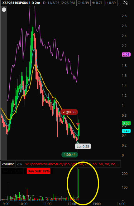 OrderFlowAdv's tweet image. Right after that post, big candle down lol.  I got in an XSP 684p when I saw large volume candles in recent trading.  Took very quick profits (small).  Will see what happens if price trades back toward 685.50-686.00 in XSP.
