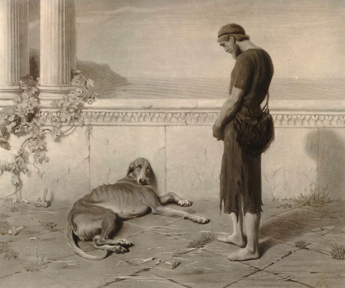 Yesterday I shared a sad meme about Ulysses returning after many years and only being recognised by his dog Argus.
Just to make you cry even more (crying is healthy), here's the scene depicted by Briton Rivière in 1873.
Just looking at it turns me into a wreck.