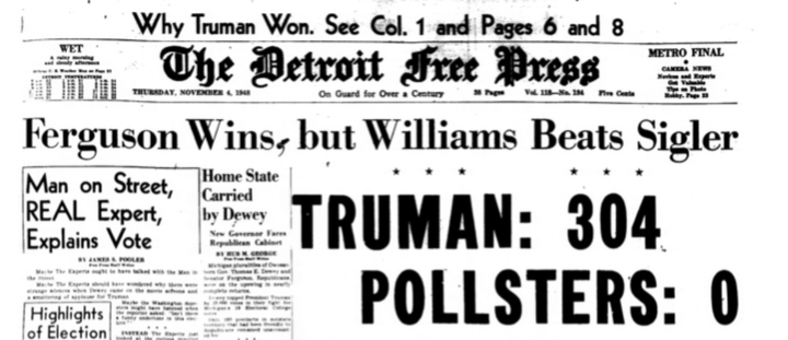 wjosephcampbell's tweet image. Savvy headline, 77 years on
@freep 
Epic #pollfail of 1948