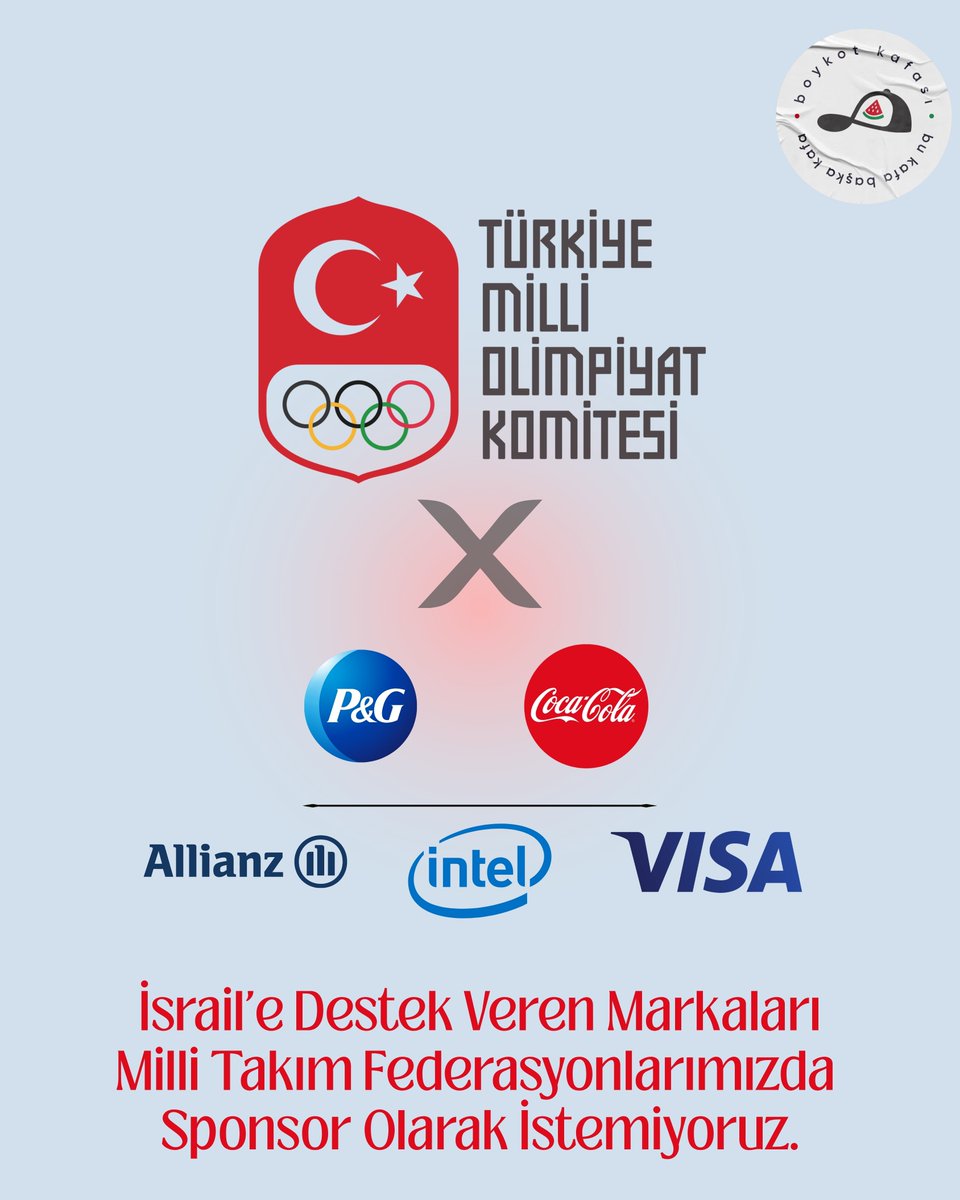 Milli gururumuz olan spor federasyonlarımızda, İsrail'e destek veren sponsorları görmek istemiyoruz.
Türkiye Milli Olimpiyat  başta olmak üzere tüm federasyonlara çağrımızdır: Bu iş birliklerine son verin! 

#Boykot #Olimpiyat #Federasyon #MilliTakım #Sponsoristemiyoruz