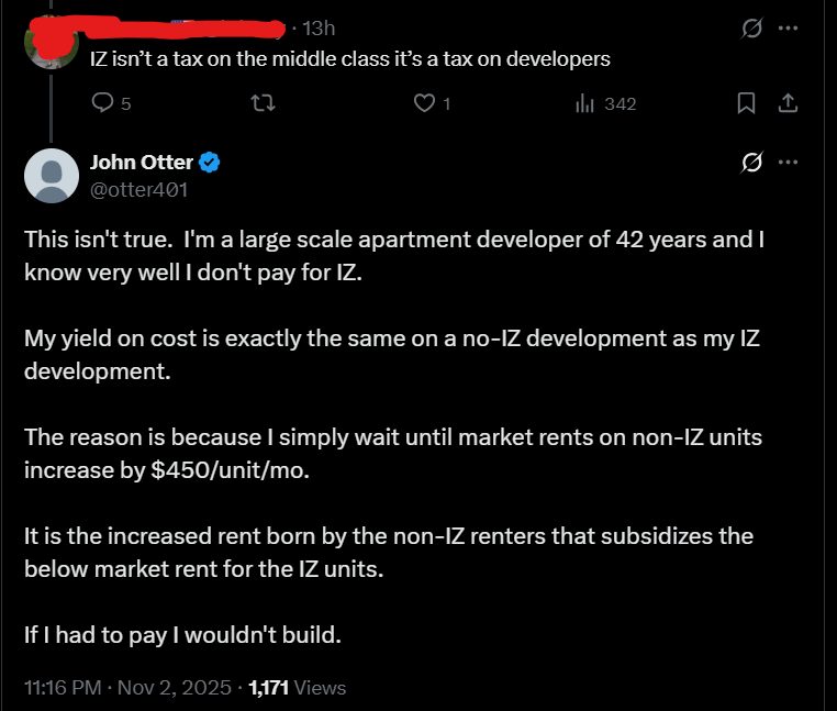 Important truth bomb: Developers don't pay for inclusionary zoning. Renters do.