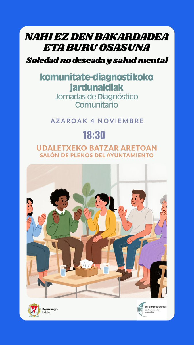 🧠💞Nahi ez den bakardadea eta buru osasuna diagnosi-fasea #Beasain #ongizateemozionala #osasunmentala
🧠💞Soledad no deseada y salud mental. Fase de diagnóstico #bienestaremocional #saludmental
ℹ️ labur.eus/i9axl2fz