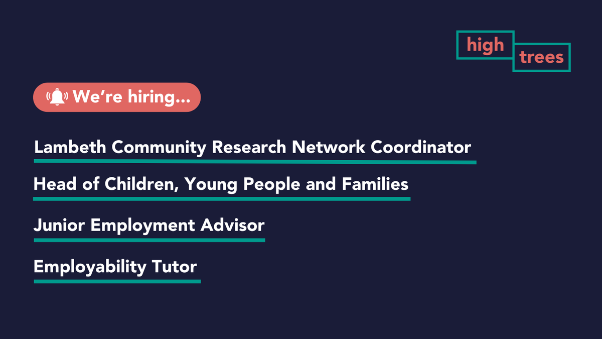 HighTreesCDT's tweet image. We’re hiring for a number of exciting roles! ✨

📌 Lambeth Community Research Network Coordinator
📌 Head of Children, Young People and Families
📌 Junior Employment Advisor
📌 Employability Tutor

Find out more: high-trees.org/work-for-us/

#HiringNow #Vacancies