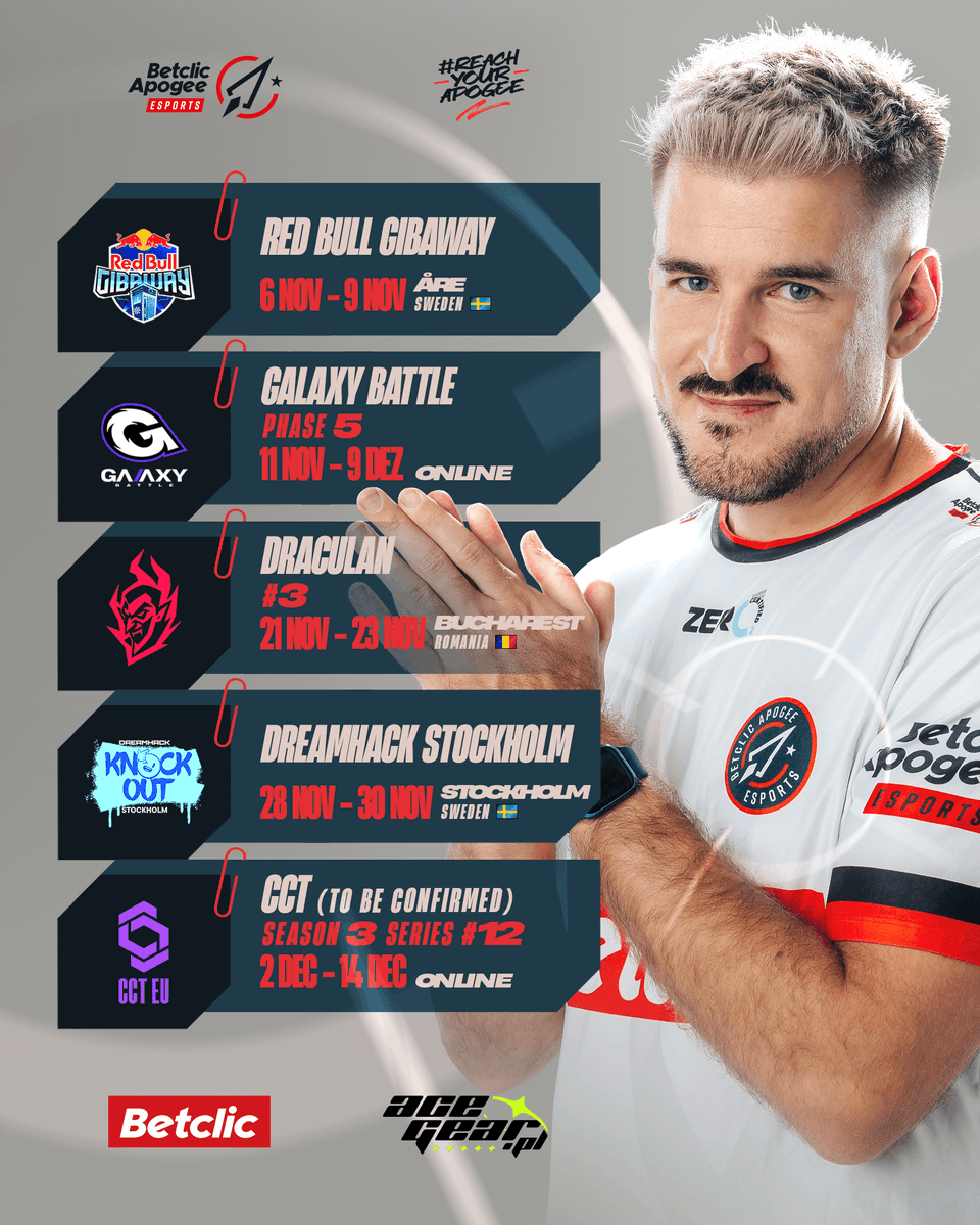 Trochę odpoczęliśmy, to teraz pora rozpocząć grind 🔥🔥

Tak prezentuje się terminarz nadchodzących turniejów, w których będziemy mieli przyjemność grać 🥰

(i info o piątym soon)

#ReachYourApogee🚀