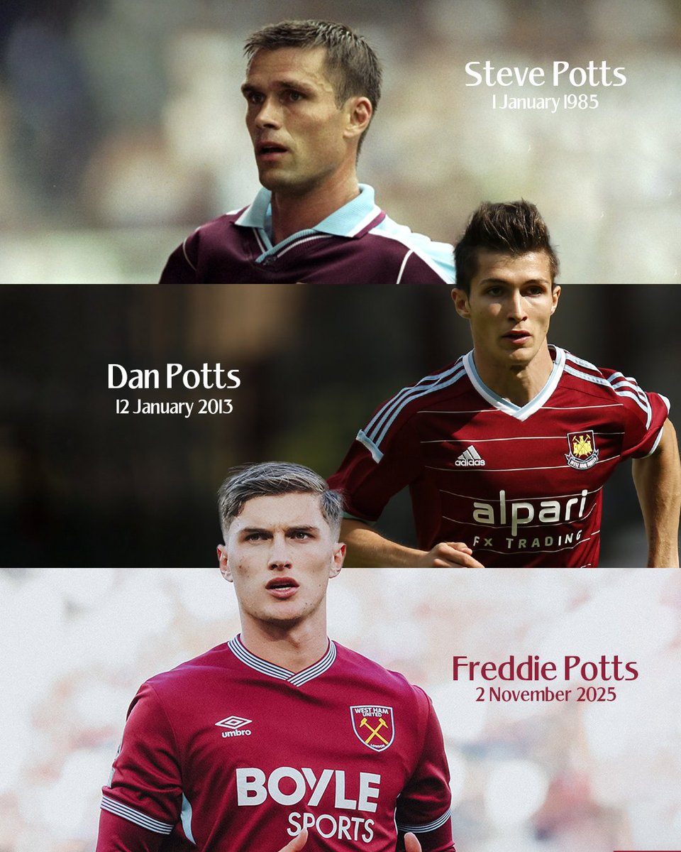WestHam's tweet image. A trio of top flight debuts for the Potts family ⚒️