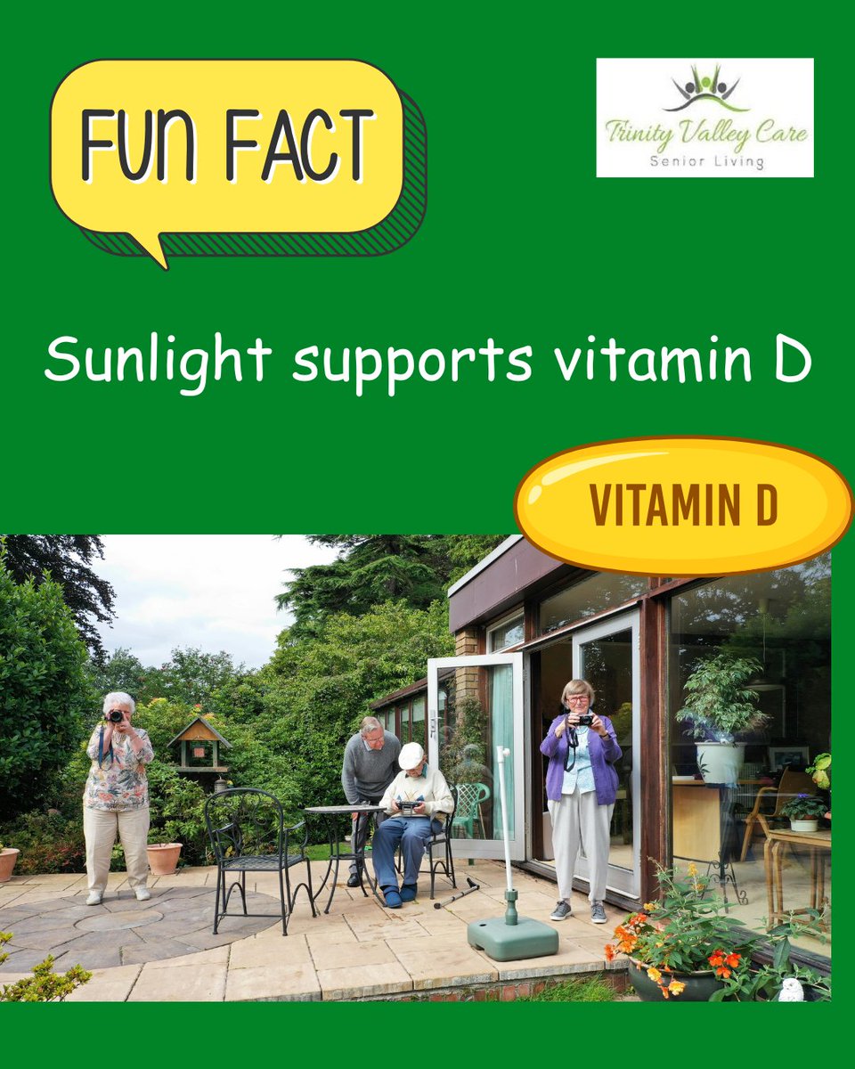 JTrinidad026's tweet image. Fun fact: A little sunshine helps your body produce vitamin D, supporting bones, immunity, and mood ☀️💚

#HealthyAging #SunshineTherapy #SeniorWellness #OutdoorLiving #TrinityValleyCare