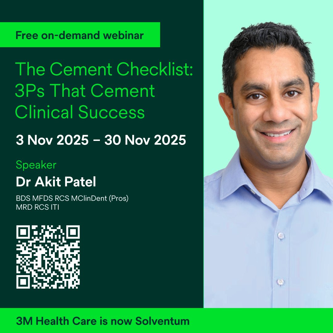 Aurelioralcare's tweet image. 想讓修復黏著更高效、更穩定？
Dr. Akit Patel 以 “3Ps” 原則，帶您掌握 cementation 成功的三大關鍵。

📅 觀看期間｜2025/11/3–11/30
💻 註冊即可馬上觀看，期間內不限次數重播
📩 已註冊的醫師們別忘了檢查信箱，確認是否收到您的專屬觀看連結！

ms.spr.ly/6010tGjpM
#Cementation