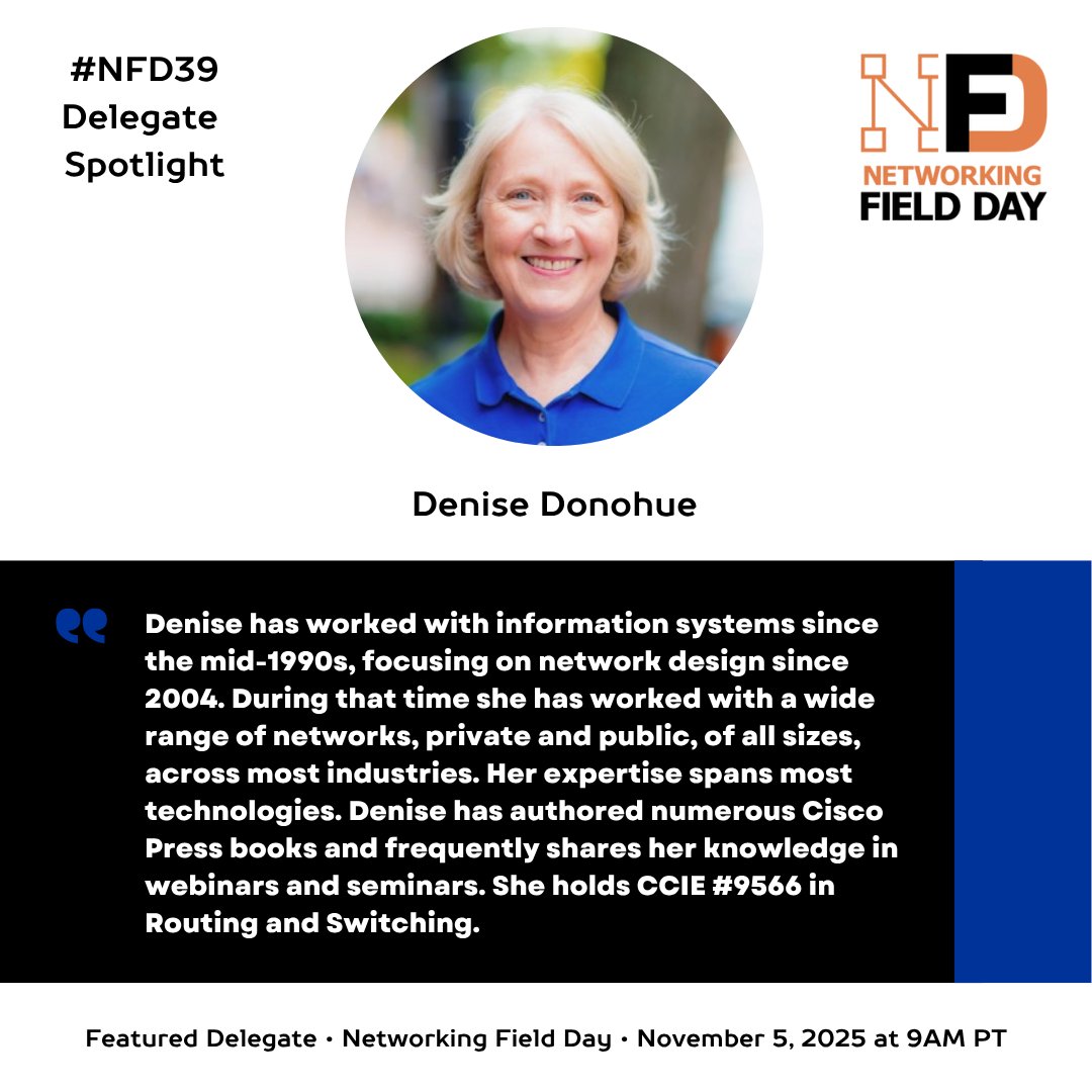 GraphiantHQ's tweet image. #NFD39 Delegate Spotlight 🔆 
Meet the experts shaping the next generation of networking, like Denise Donohue, joining the #NetworkingFieldDay delegate lineup.
Looking forward to chatting at #NetworkingFieldDay 👏

More info on Denise here: hubs.ly/Q03Rp2Rm0