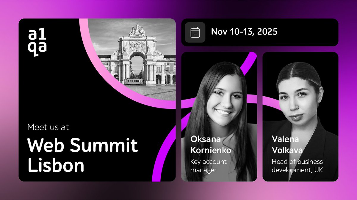 A1QA_testing's tweet image. 🌍 a1qa is heading to #WebSummit2025 in Lisbon! From Nov 10–13, Valena Volkava &amp;amp; Oksana Kornienko will join 70K+ attendees to explore innovation, share QA insights &amp;amp; connect with the global tech community. Meet our team at the event! #a1qa #QA #TechConference