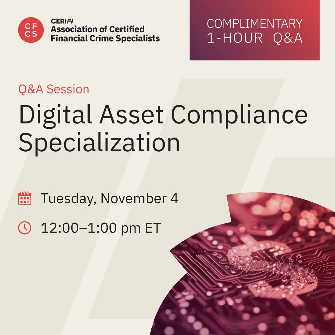 acfcsonline's tweet image. Join ACFCS tomorrow, Tuesday, Nov. 4, for a live Q&amp;amp;A session about our new Digital Assets Compliance Specialization (DACS), our new program designed to give fincrime pros the knowledge and tools to navigate the cutting edge of digital assets.

Register: bit.ly/4oQ7FQi