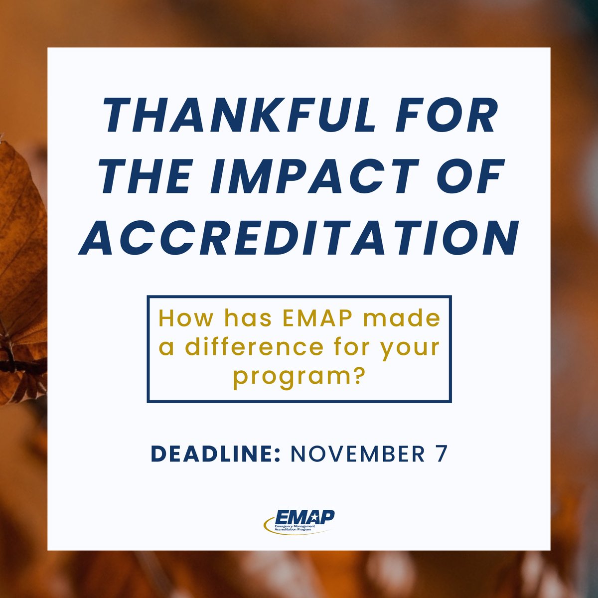 EMAP_US's tweet image. As we head into Thanksgiving, we want to reflect on the impact of EMAP accreditation nationwide. How has EMAP made a difference for you? Share your story using our short form by November 7.

Submit here: forms.gle/3fRYNk7kW8sZuU…

#EMAP #EMAPAccredited #EmergencyManagement
