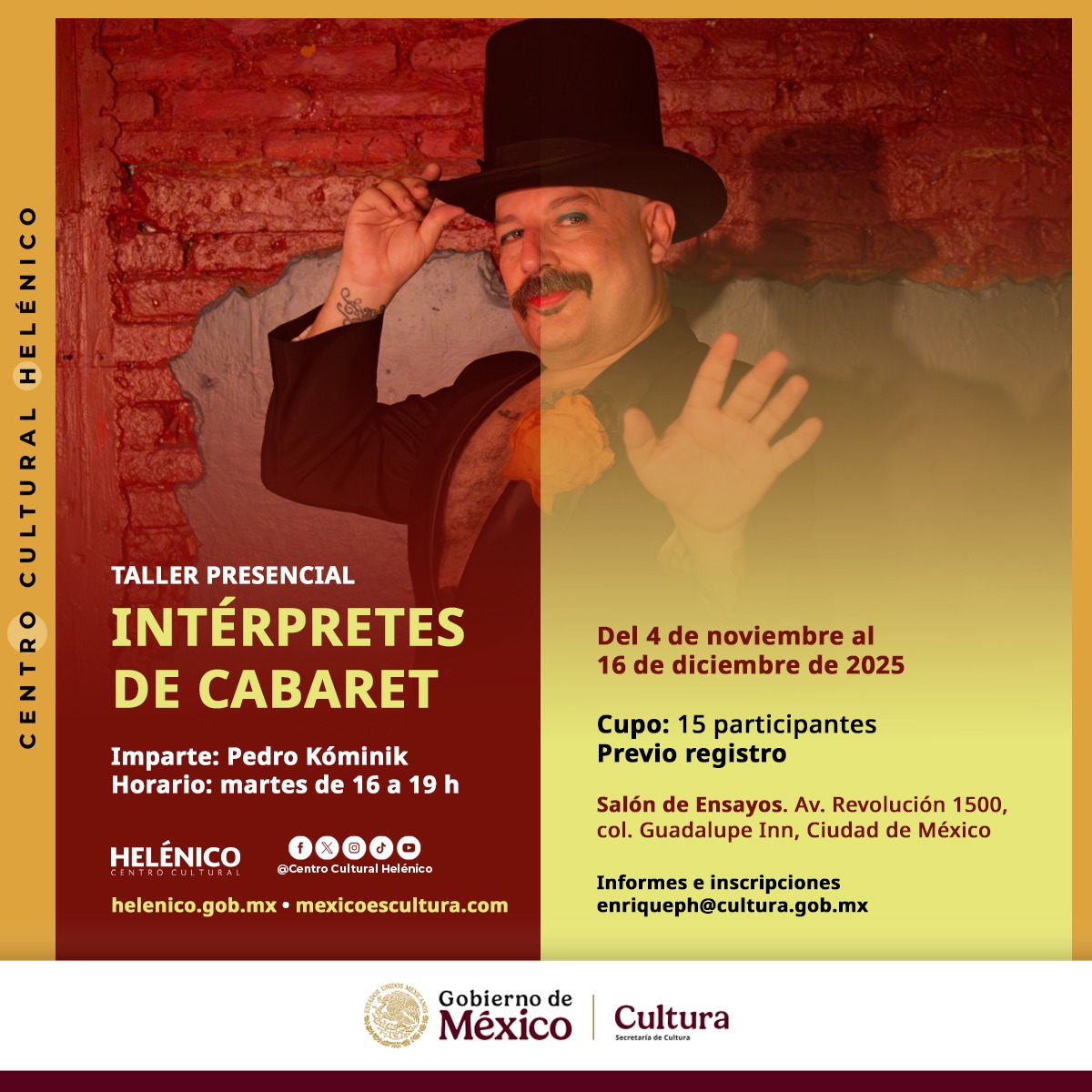 🎼🧑‍🎤Aprende a fusionar humor, crítica social y música en un discurso poderoso.

Inscríbete al Taller Presencial de Intérpretes de Cabaret, impartido por el experto <a href="/PedroKominik/">PedroKominik</a>.

Más información: helenico.gob.mx/oferta-academi…