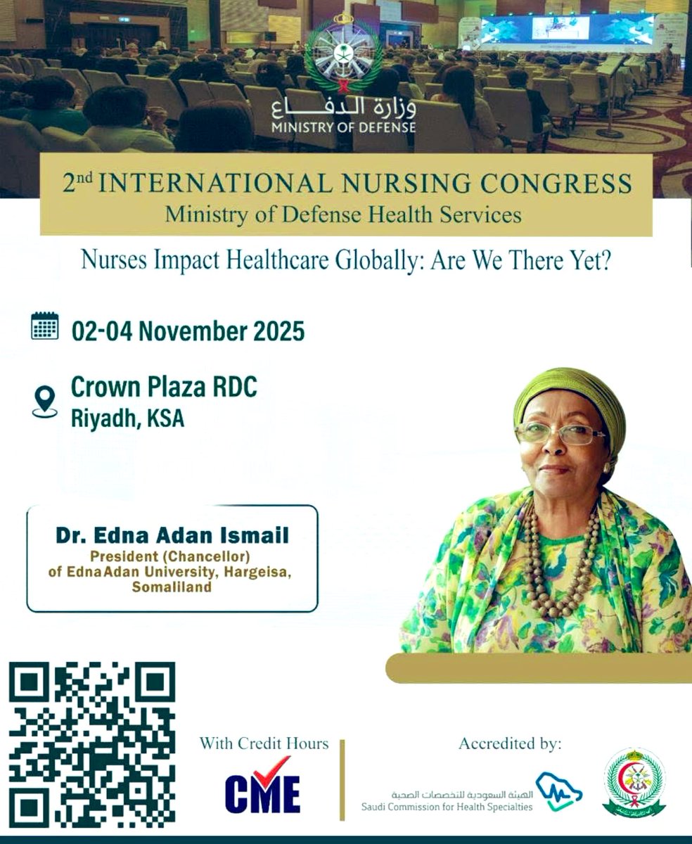 Dr Edna Adan Ismail the first accredited Somali nurse and founder of Edna Adan University Hospital in #Somaliland to give a key note speech at the International Nursing Congress this week in the Kingdom of Saudi Arabia.