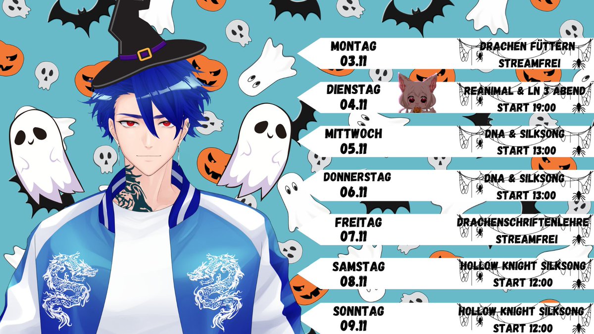 PaddyVT's tweet image. Hewwo Ihr Lieben! 💙

Ich habe mir vorgenommen wieder aktiver auf dieser Plattform zu werden 🫣 

Deswegen gibt es hier nach langer Zeit wieder einen Streamplan im Halloweenlook 🎃👻

✧ Dienstag 19:00 
✧ Mittwoch 13:00 
✧ Donnerstag 13:00 
✧ Samstag 12:00 
✧ Sonntag 12:00