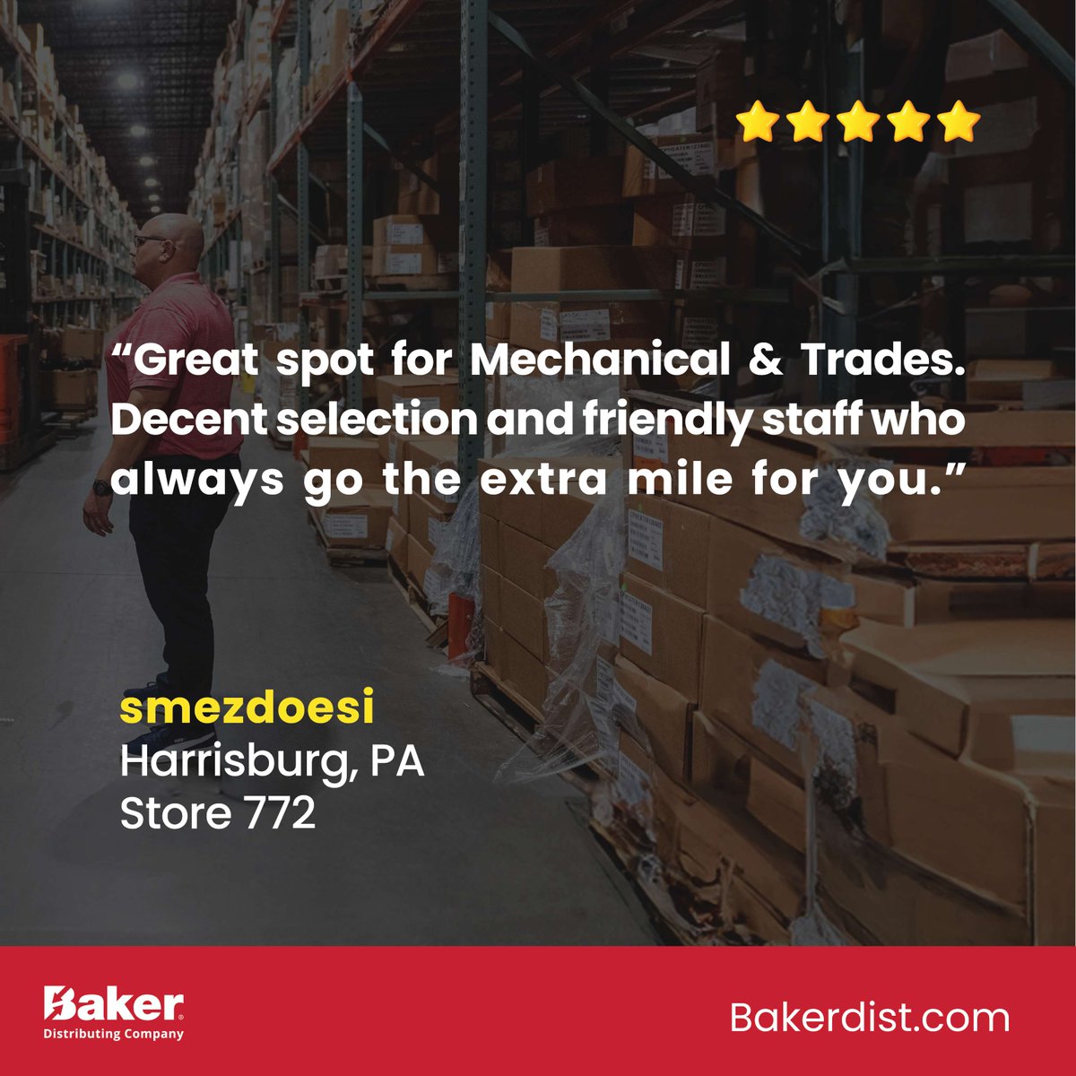 BakerDist's tweet image. ⭐️⭐️⭐️⭐️⭐️ Baker customers value expert support, fast fulfillment and trusted brands available in-store or online. 
#BakerDistributing #CustomerReviews 
#CustomerSpotlight #HVACRpros

Learn more: bakerdist.com
