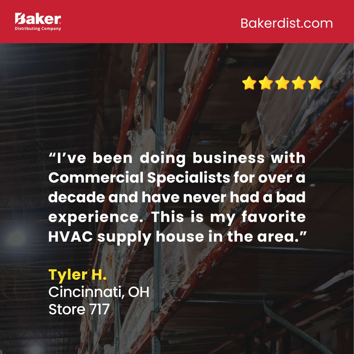 BakerDist's tweet image. ⭐️⭐️⭐️⭐️⭐️ Baker customers value expert support, fast fulfillment and trusted brands available in-store or online. 
#BakerDistributing #CustomerReviews 
#CustomerSpotlight #HVACRpros

Learn more: bakerdist.com