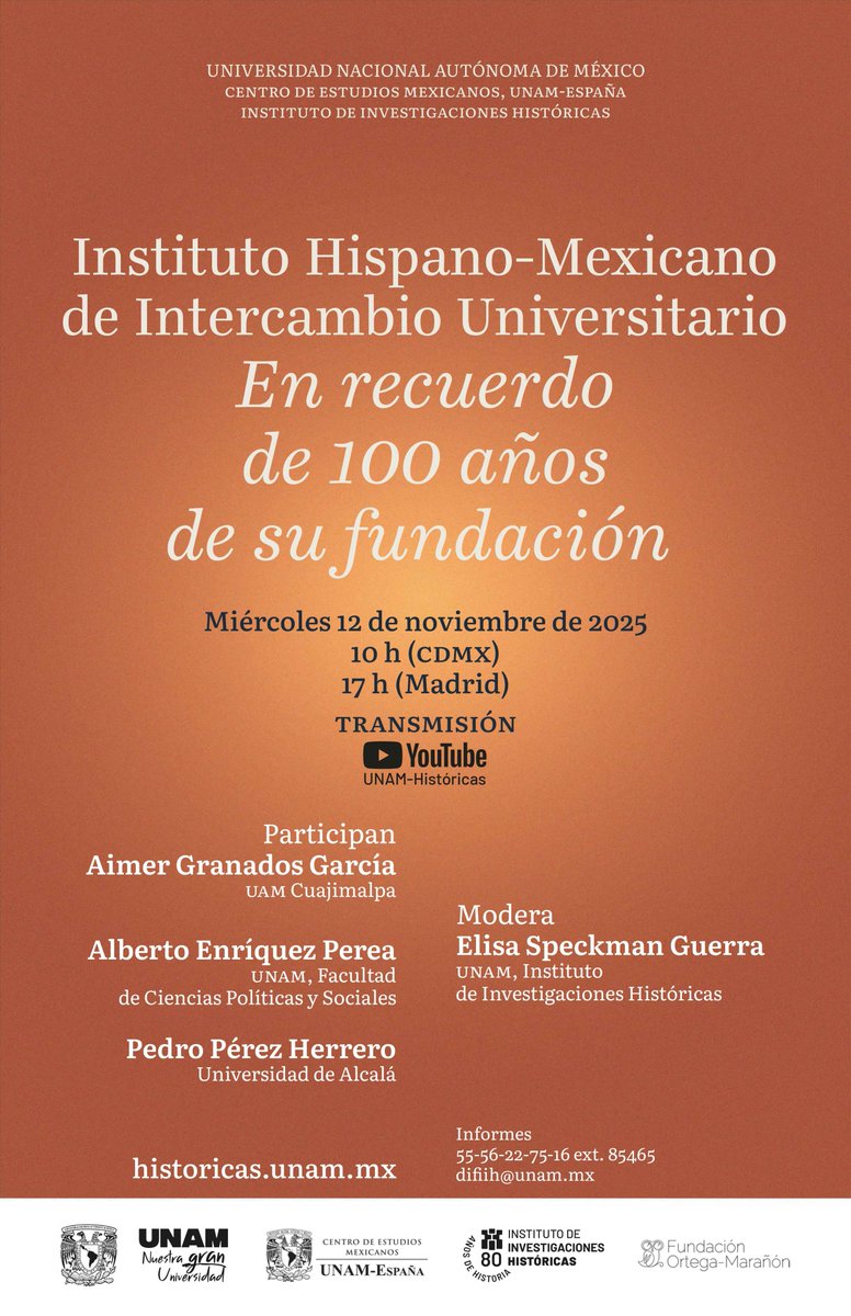 El Instituto Hispano-Mexicano de Intercambio Universitario fue creado en 1925 para instituir “becas, organizando exhibiciones, pugnando, en fin, por el mutuo y serio comercio de cultura”. 
Conoce más acerca de esta institución en este evento académico: historicas.unam.mx/actividades/20…