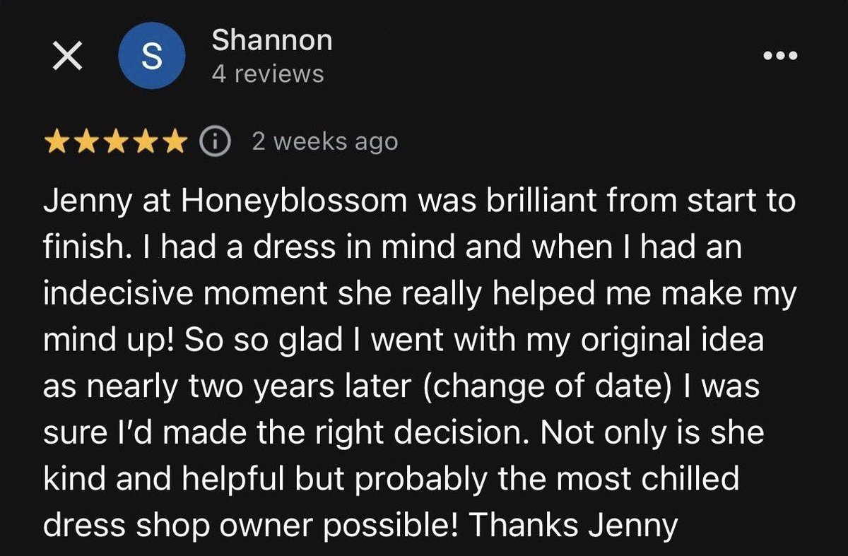 ⭐️ THANK YOU SHANNON ⭐️
I’m so happy that you found your dream wedding dress at Honeyblossom Bridal boutique. It means loads that you took the time to write this five star review to hear how special your experience was!

#fivestarrated #fivestarservice #thankyou #thanks #cheshire