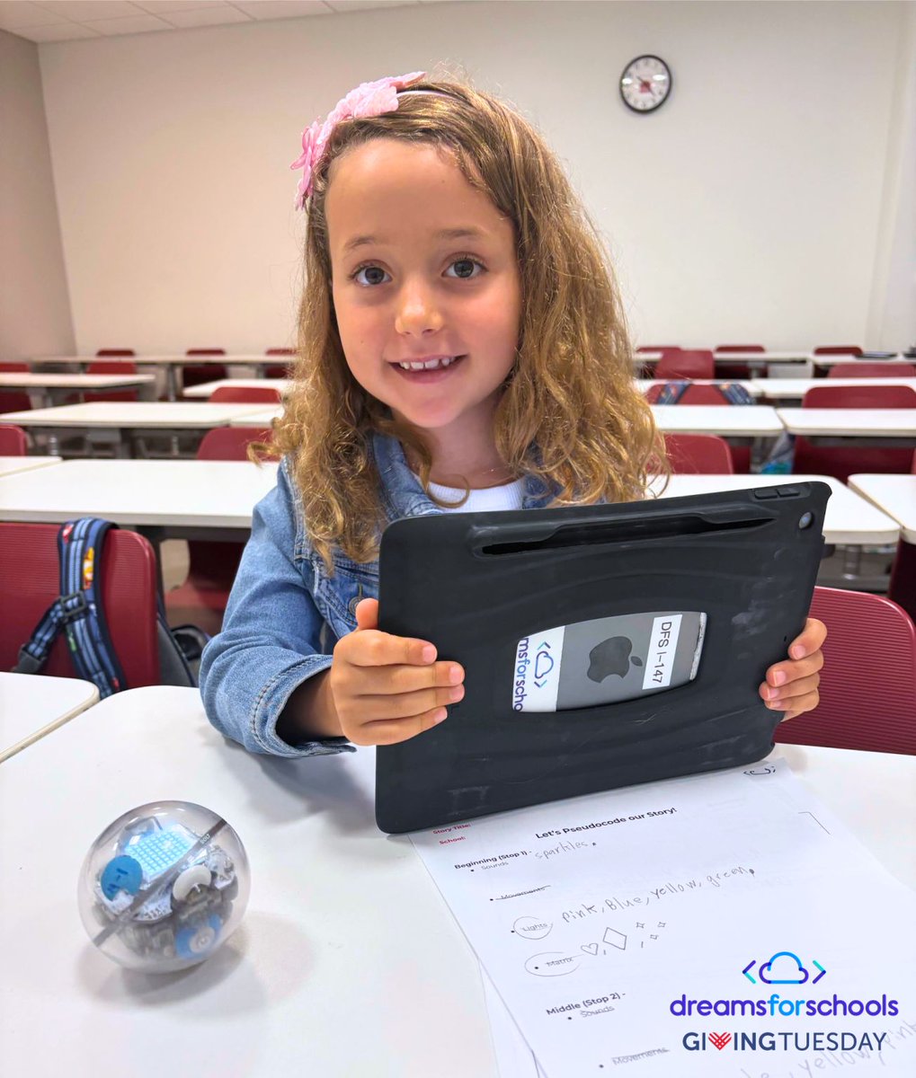 DreamsforSchool's tweet image. Every student deserves the chance to dream big and build their future! Thanks to your support, this student learned to code with a Sphero Robot. This #GivingTuesday, your gift helps even more students explore STEM through hands-on learning! #SupportSTEM #EducationForAll #DFS