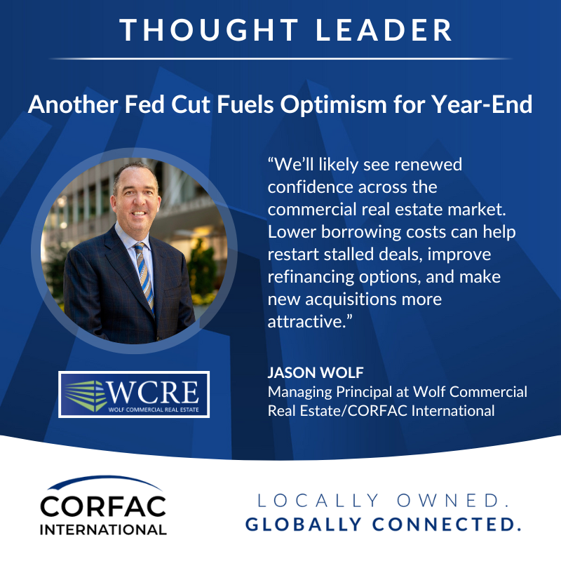 CORFACIntl's tweet image. “Another Fed cut could fuel a strong CRE finish to 2025.”

📊 Jason Wolf of WCRE/CORFAC International sees opportunity as borrowing costs ease and confidence rises.

➡️ ow.ly/HsKU50Xl85m

#thinkCORFACfirst #CORFAC 
@wcre1