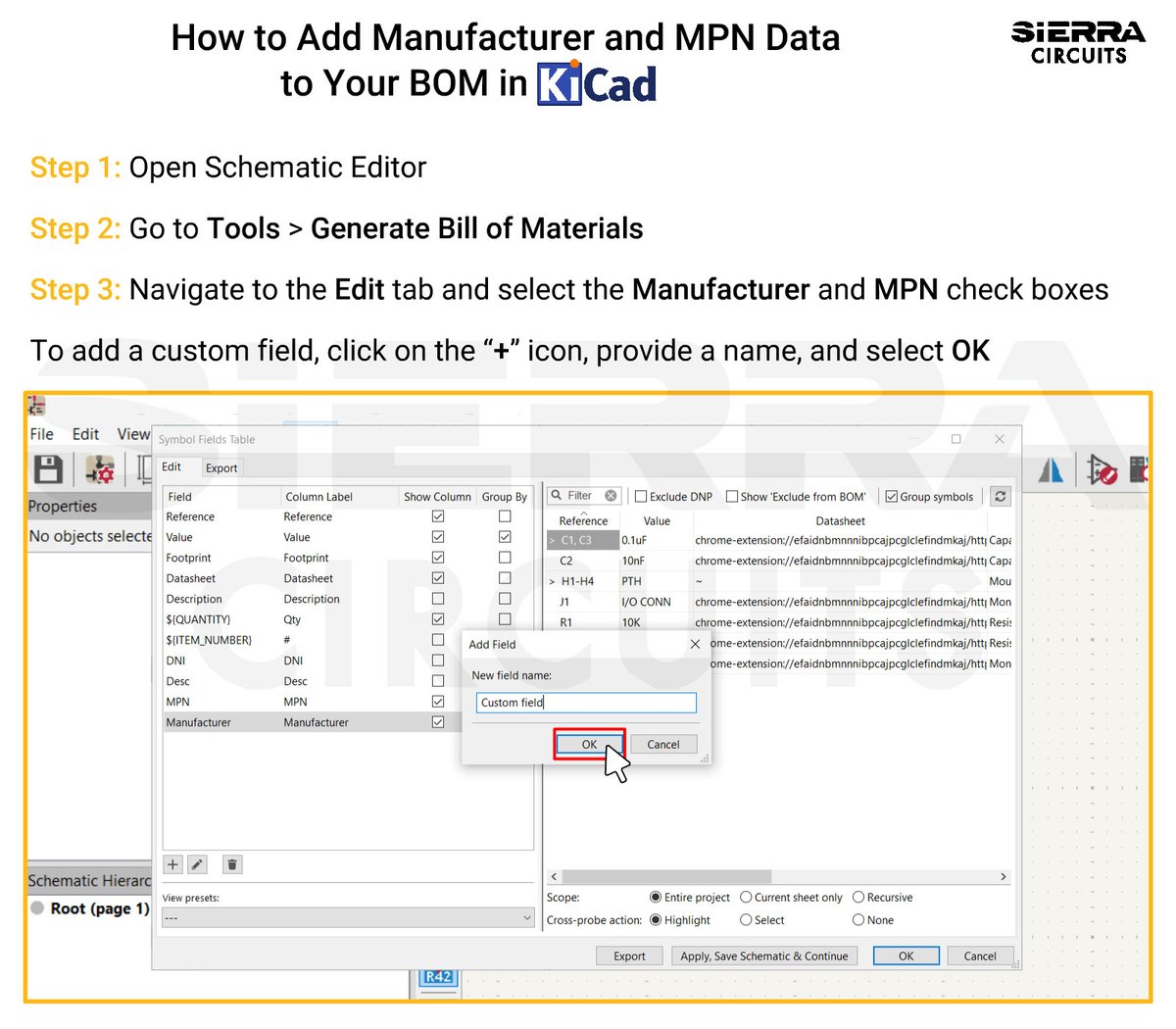 SierraCircuits's tweet image. How to generate a BOM in #KiCad

These infographics will show you :
🔶 How to generate a BOM through two methods
🔶How to add manufacturer and #MPN data in KiCad. 

#pcbdesign #engineering #electronics #semiconductors