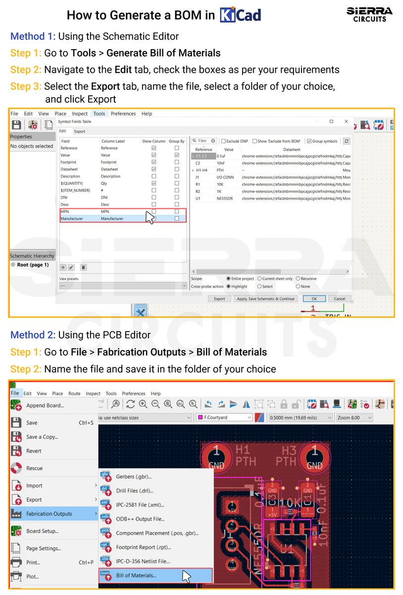 SierraCircuits's tweet image. How to generate a BOM in #KiCad

These infographics will show you :
🔶 How to generate a BOM through two methods
🔶How to add manufacturer and #MPN data in KiCad. 

#pcbdesign #engineering #electronics #semiconductors