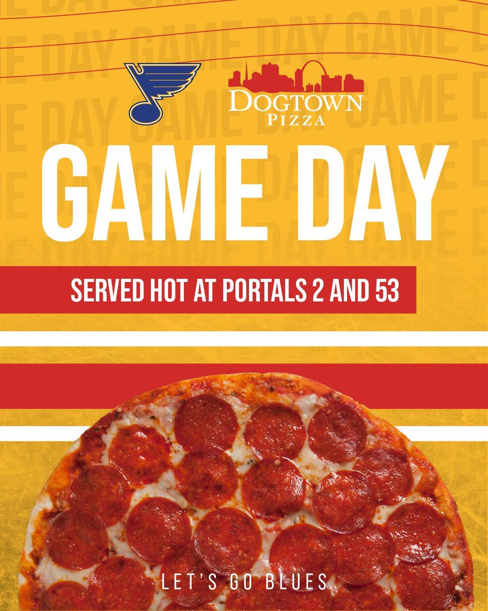 Puck drop at 7:30. Grab a slice, grab your jersey, let’s get ready for game time! 🚨🍕

Head on over to portals 2 &amp; 53 to get a warm slice of Dogtown Pizza! 

#DogtownPizza #STLBlues #BluesHockey #GameDay