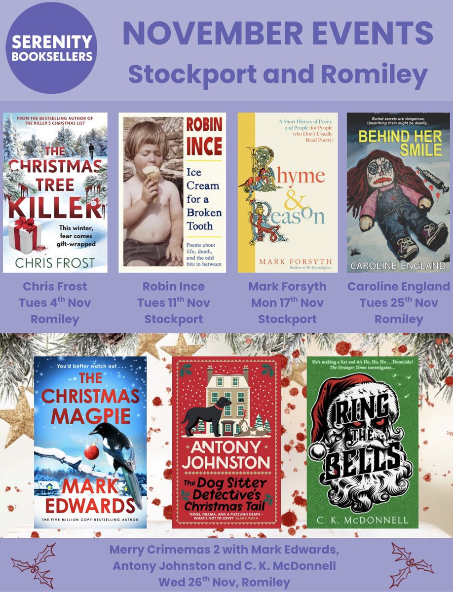 SerenityRomiley's tweet image. 📣 NOVEMBER EVENTS 📣

4/11 - Chris Frost / @cmacwritescrime 

11/11 - Robin Ince

17/11 - Mark Forsyth

25/11 - Caroline England

26/11 - Merry Crimemas 2 with Mark Edwards, @AntonyJohnston and @Caimh 

Tickets via link below 👇🏻
