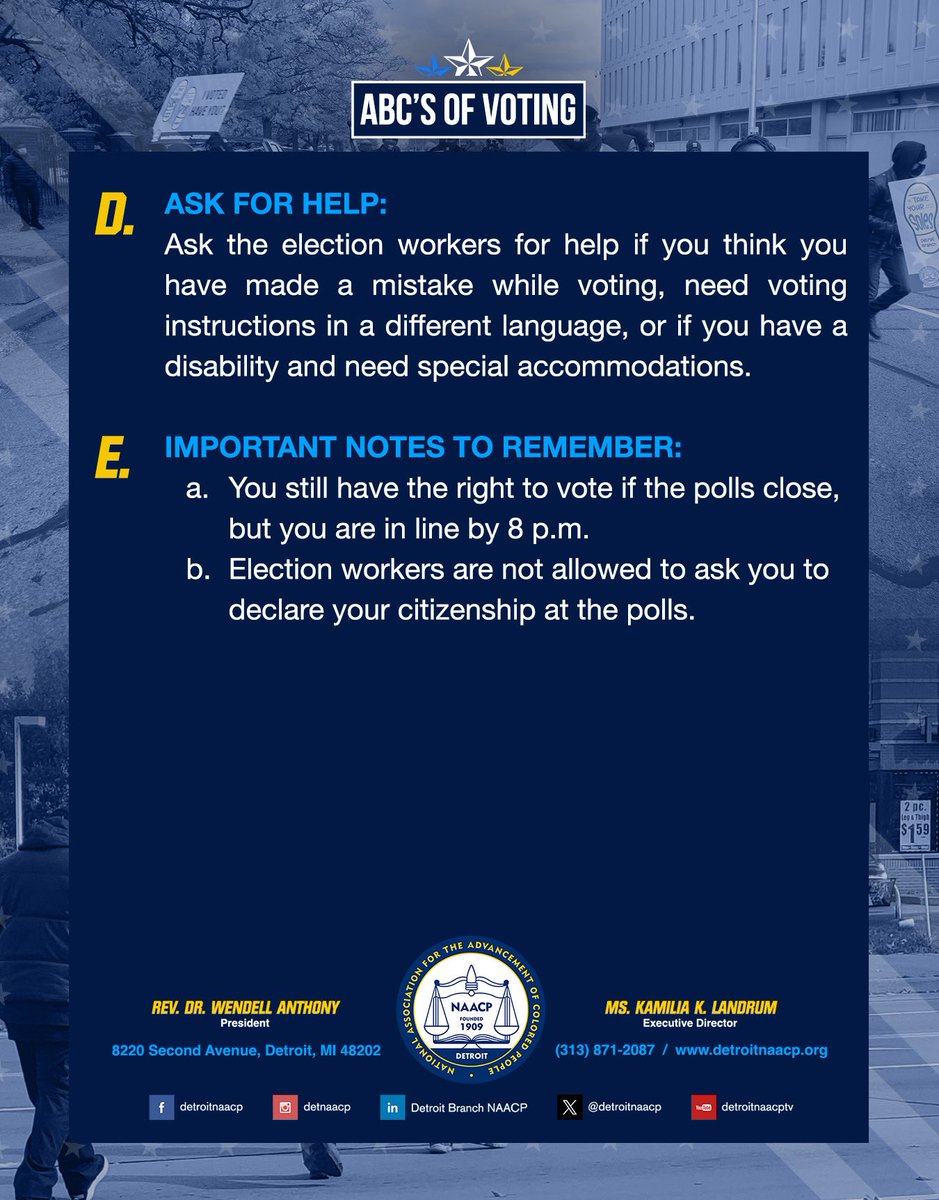 Tomorrow is Election Day - Tuesday Nov. 4 from 7 a.m. - 8 p.m.!!!

Make sure you know the ABCs Of Voting before heading to the polls. 

If you need to find your polling location or experience any issues at the polls please call our Voter Hotline at 
(313) 664-2424.