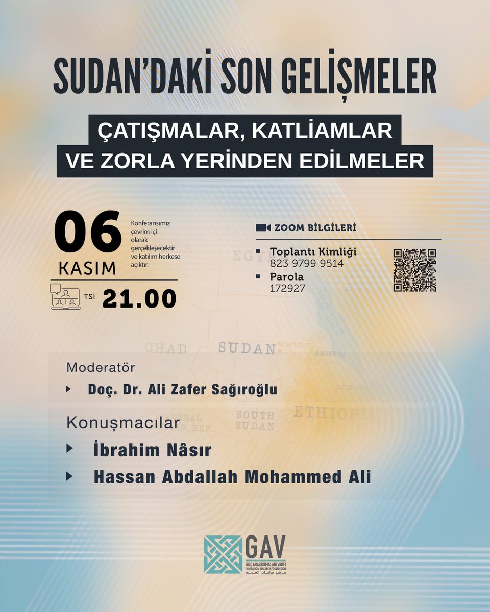 📢 “Sudan’daki Son Gelişmeler: Çatışmalar, Katliamlar ve Zorla Yerinden Edilmeler” programımıza bekliyoruz!

Göç Araştırmaları Vakfı olarak Doç. Dr. Ali Zafer Sağıroğlu (<a href="/alizaferus/">Ali Zafer SAĞIROĞLU</a>) moderatörlüğünde düzenleyeceğimiz programda Dr. İbrahim Nâsır(<a href="/brahimNassir1/">Ibrahim NASSIR إبراهيم ناصر</a>) ve Hassan Abdallah