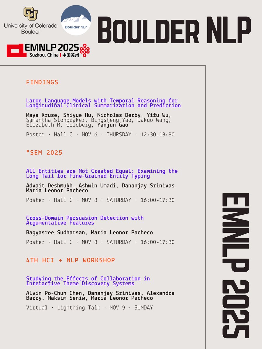 BoulderNLP's tweet image. Strong showing from Boulder NLP at #EMNLP2025! 🚀 Come find us at these sessions to discuss morphology, semantics, LLMs, cultural analytics, HCI, and more. See you in Suzhou! 🇨🇳