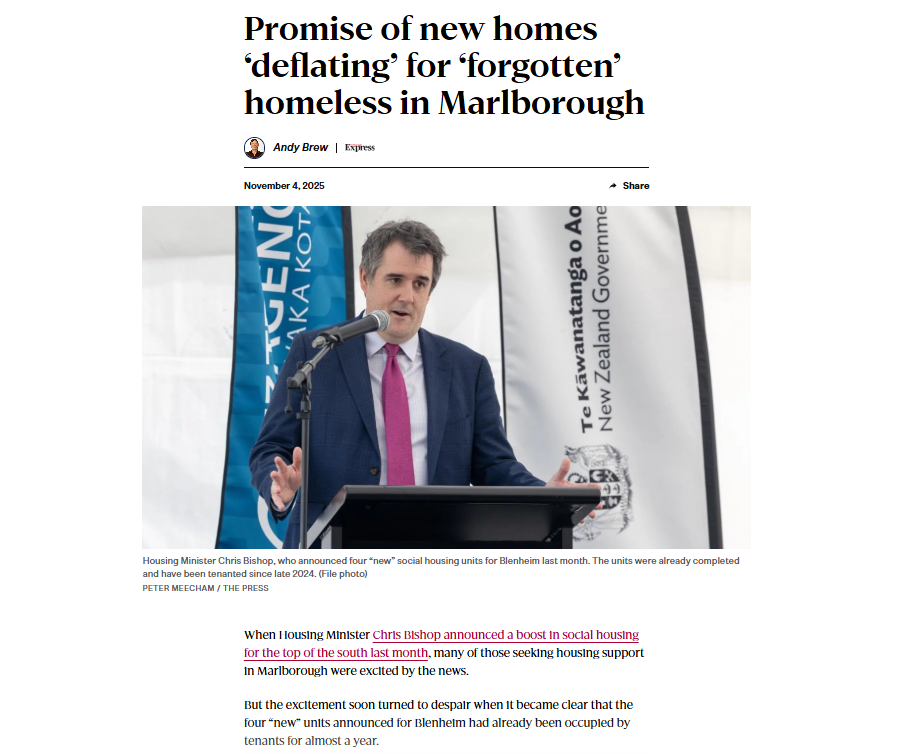 Last month the Govt announced four new social housing units in Marlborough &amp; people got excited until they realised the Chch Methodist Mission built those units in 2024 &amp; the tenants have been living in them for almost a year.