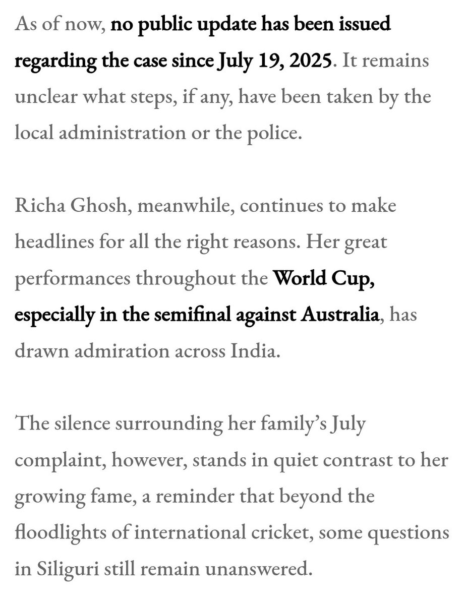 The parents of Richa Ghosh, the wicketkeeper and explosive finisher of the #WomenInBlue, who played a pivotal role in #TeamIndia winning the #WomensWorldCup2025 were threatened by local TMC leader Dhiman Bose for opposing the repeated inappropriate remarks towards women and