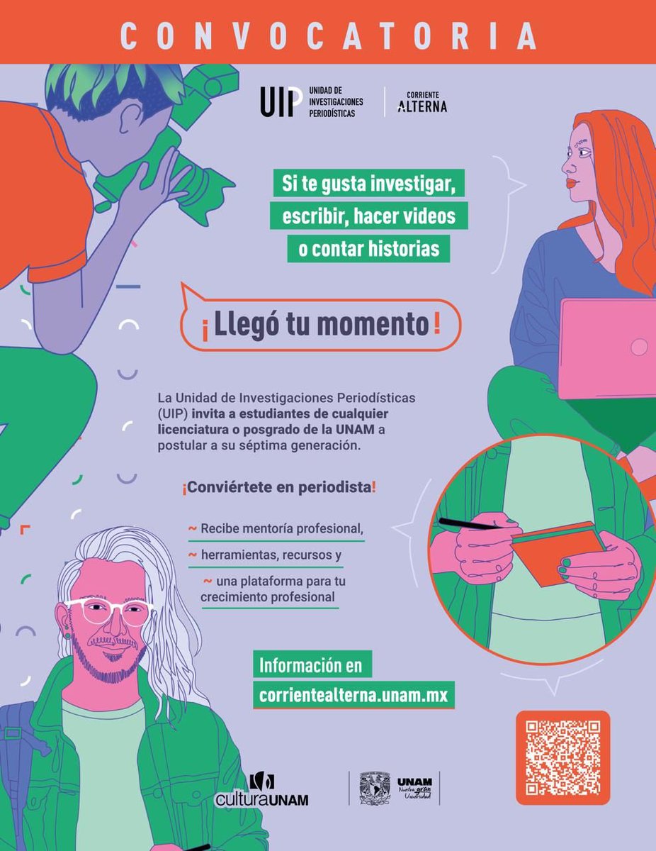 La Unidad de Investigaciones Periodísticas (UIP)/Corriente Alterna abrió nueva convocatoria
Tú puedes ser parte de la séptima generación 🔥
Un semestre de formación 100% práctica en formato híbrido, tallereando con periodistas de gran trayectoria.
Abro🧵
corrientealterna.unam.mx/convocatorias/…