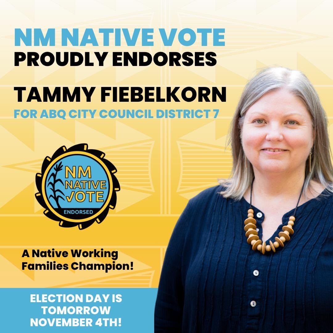 NativeVoters's tweet image. This Election Day, Nov. 4, we’re standing with leaders who protect sacred sites, uplift Native voices, and fight for working families. 🌎💛

🗳️ Alex Uballez for Mayor
🗳️ Teresa Garcia – D3
🗳️ Stephanie Telles – D1
🗳️ Tammy Fiebelkorn – D7

#NMNativeVote #ABQ #NativeVoters