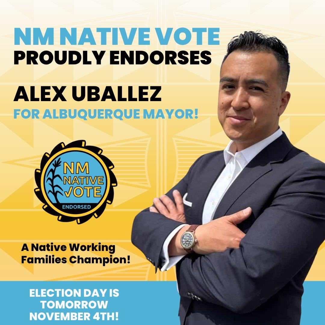 NativeVoters's tweet image. This Election Day, Nov. 4, we’re standing with leaders who protect sacred sites, uplift Native voices, and fight for working families. 🌎💛

🗳️ Alex Uballez for Mayor
🗳️ Teresa Garcia – D3
🗳️ Stephanie Telles – D1
🗳️ Tammy Fiebelkorn – D7

#NMNativeVote #ABQ #NativeVoters