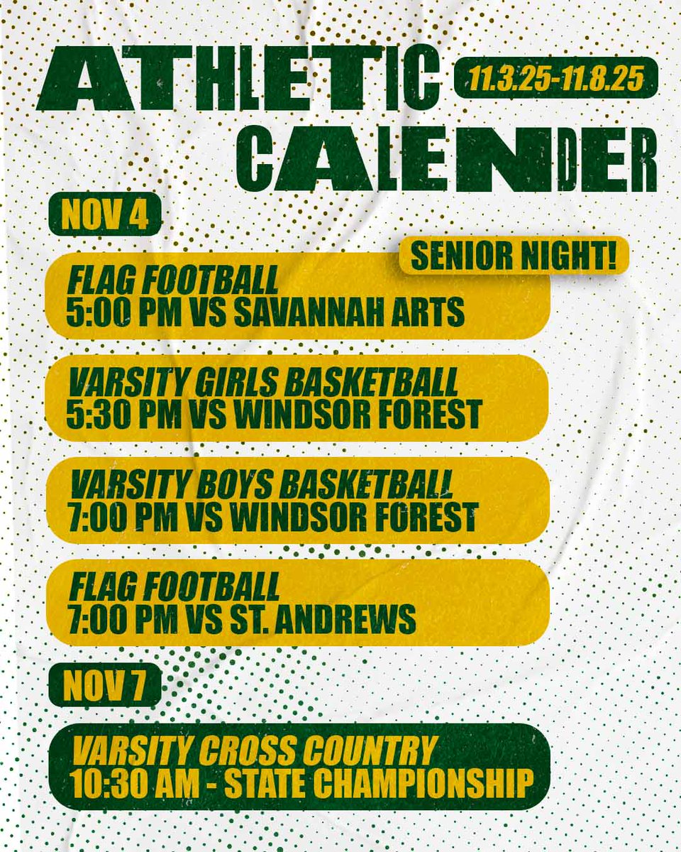 SCDS_Athletics's tweet photo. light week as we wrap up our fall sports and get into the winter!
#scdsathletics #scds #schedule #hornetpride #swarm #savannahcountrydayschool https://t.co/dIu3fswGsQ