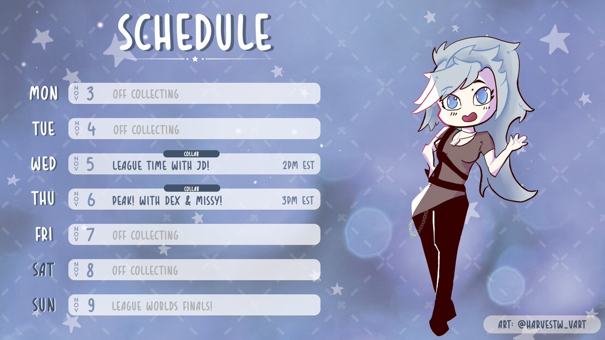 Happy November! Gonna be playing more League Wednesday with JD and also checking out the new Peak update with Dex and Missy! And then I'm gonna try to stay up and watch the League Worlds finals. AKA: I'm gonna have my eyes closed and pray XD

#ENVtubers #VTuberUprising #schedule