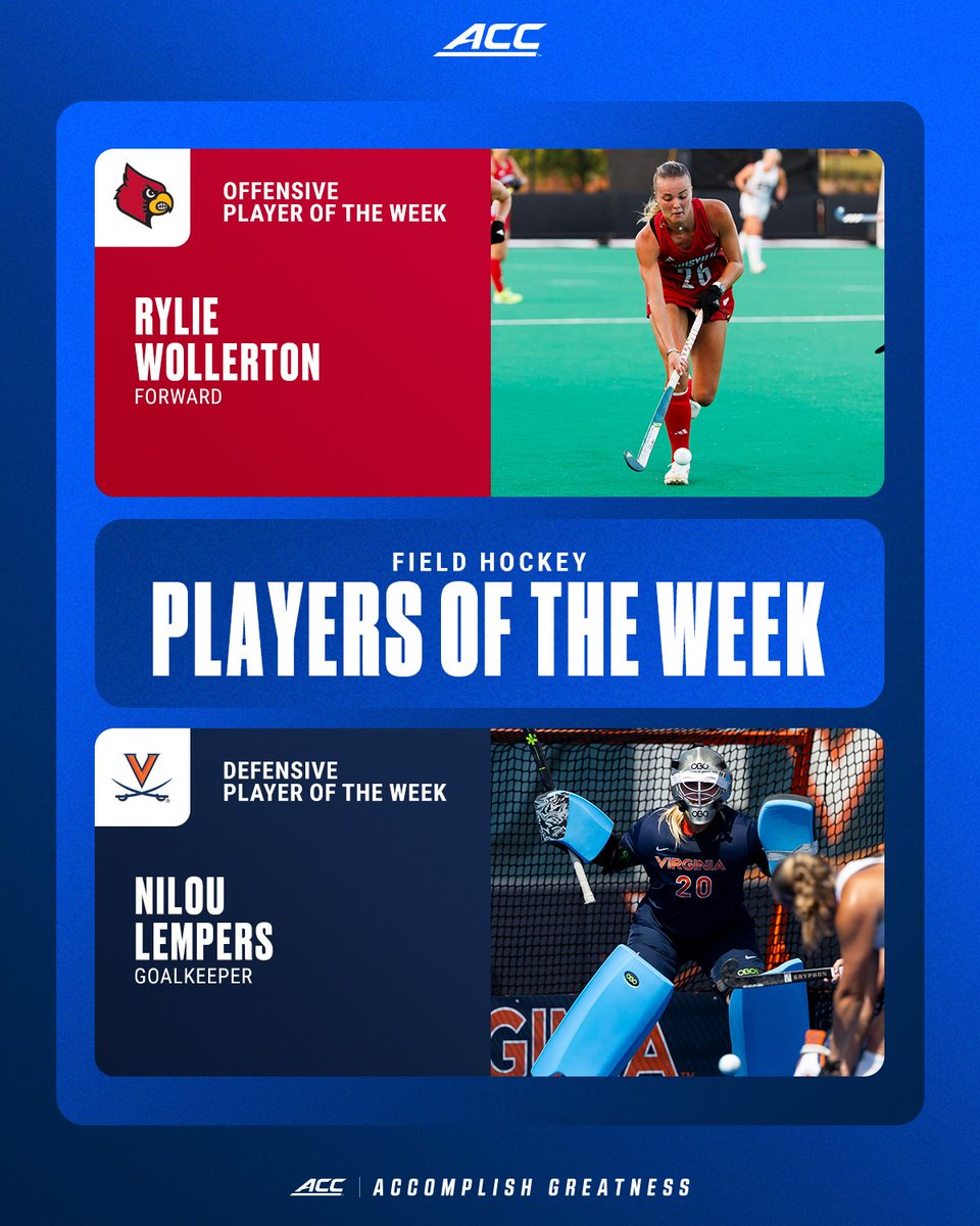 𝗙𝗛 𝗪𝗘𝗘𝗞𝗟𝗬 𝗛𝗢𝗡𝗢𝗥𝗦: November 3

🏑 Rylie Wollerton, <a href="/LouisvilleFH/">Louisville Field Hockey</a> 
🏑 Nilou Lempers, <a href="/UVAFieldHockey/">Virginia Field Hockey</a> 

🔗 theacc.co/25FHpotw11