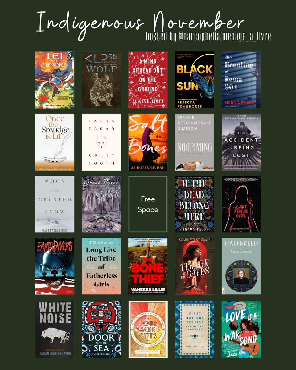 I'm so excited that people are loving #IndigenousNovember! Here's the books I've picked out for November. I know I won't be able to read all of them but I will try at least one bingo :3c #booktwt Don't forget to use the #IndigenousNovember tag so I can see what you're reading &lt;3