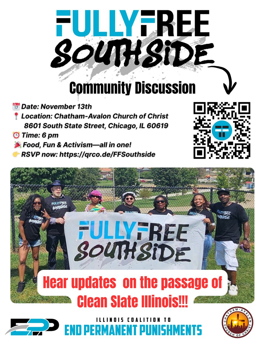 Fully Free: Southside Chapter invites community members to join an in-person discussion, featuring updates and reflections on Clean Slate Illinois.

Register Now: secure.everyaction.com/yHOeUk9Sc0qRhx…