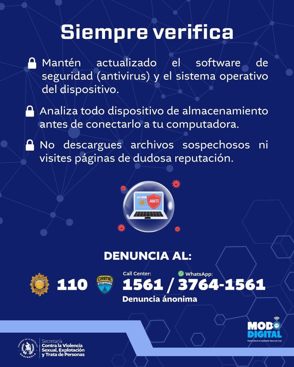 secretariasvet's tweet image. 🔒 ¡Cuidá tu seguridad digital!
El malware puede robar tu información o dañar tus dispositivos.
✅ No abras archivos sospechosos
✅ Mantené tu antivirus actualizado

📞 Denuncia anónima: 110 | 1561 | 3764-1561

#ModoDigital #SeguridadEnLínea #SVET