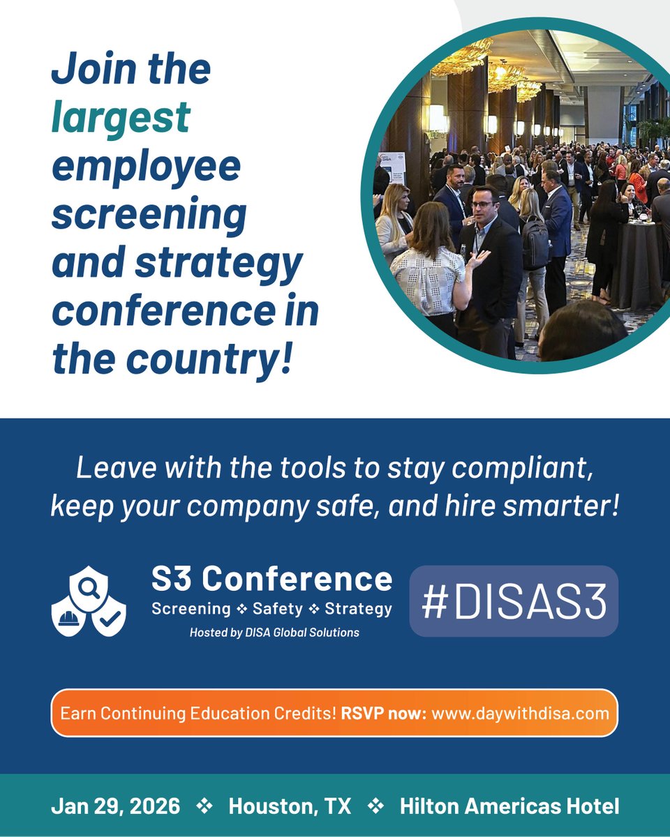 DISAGlobal's tweet image. DISA&apos;s Screening, Safety, and Strategy (S3) Conference is just a few months away! Start your year off right with #DISAS3 - the largest #employeescreening &amp;amp; strategy conference.

Don&apos;t miss out! RSVP now: lnkd.in/gJ4Acb8v