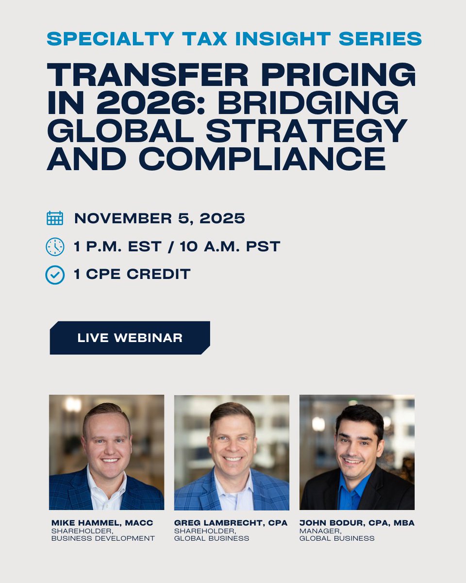 Join us this Wednesday, Nov 5 at 1 p.m. ET for Transfer Pricing in 2026: Bridging Global Strategy &amp; Compliance.

Gain insights on aligning #TransferPricing policy with strategy, understanding audit trends, &amp; communicating effectively with clients: bit.ly/46XQvKA