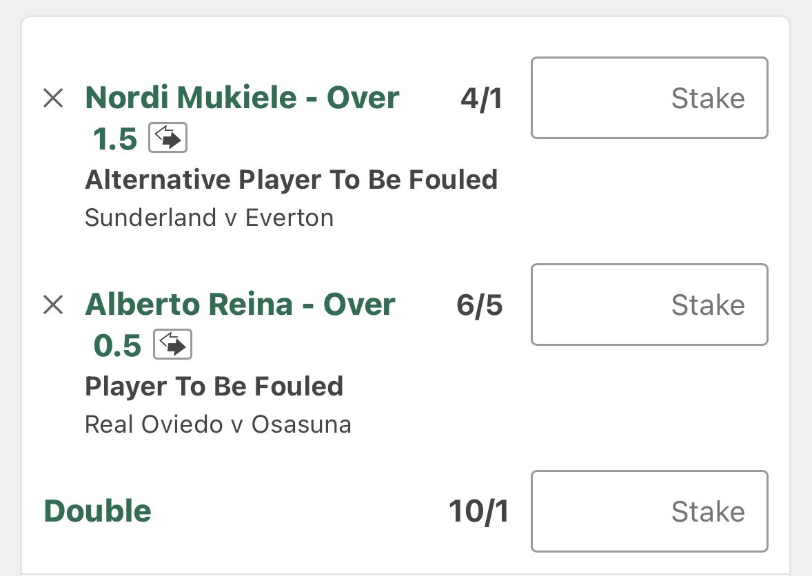 TheMooseTips's tweet image. ⚽️Cross Match Fouls Won Double
🏆Prem / La Liga 
⏱️20:00

Mukiele &amp;amp; Reina 1+ FW @ 3/1
0.75 Units 💰
Bet365 / 📕

NM 2+ AR 1+ @ 10/1
0.25 Units 💰

AR 2+ &amp;amp; NM 1+ @ 13.66/1 
0.25 Units 💰

2+ Each @ 39/1 
0.25 Units 💰

Reasoning ✍️

Mukiele won 1.41 fouls p90 last campaign and has…