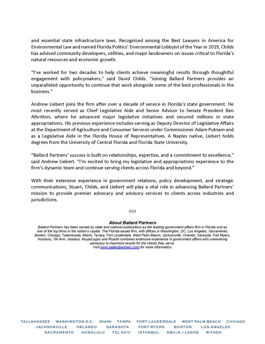 Eileen Stuart, David Childs, and Andrew Liebert join Ballard Partners as Partners in the Tallahassee and Washington, D.C. Offices