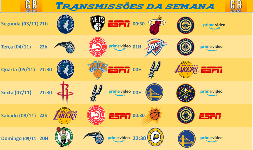 GiroOfc's tweet photo. 📺🏀Semana 3🏀📺      
Segunda é dia de planejar toda rotina de NBA, é dia de Transmissões da Semana™  Muito jogo bom do melhor basquete do mundo🔥🤩 https://t.co/RfkrWxWvhi