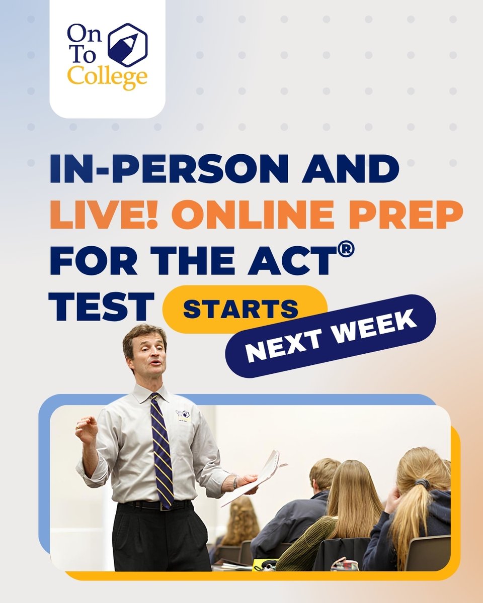 OnToCollege's tweet image. Don’t wait! Our In-Person &amp;amp; Live! Online ACT® Prep starts next week!
Get expert guidance, proven strategies, and real results.

Sign up today: ontocollege.com/in-person-test…

#ACTPrep #ACTTest #TestPrep #OnToCollege
