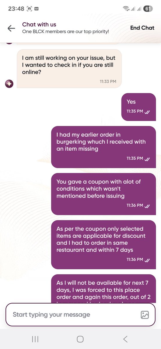 suchee1995's tweet photo. @Swiggy @SwiggyCares What is priority you give to your one black members. Firstly orders are not sent completely, if asked providing a coupon with so many conditions to it and no response in chat service. Even orders are being received with quite delay... poor experience https://t.co/lrmoyQ6JcQ